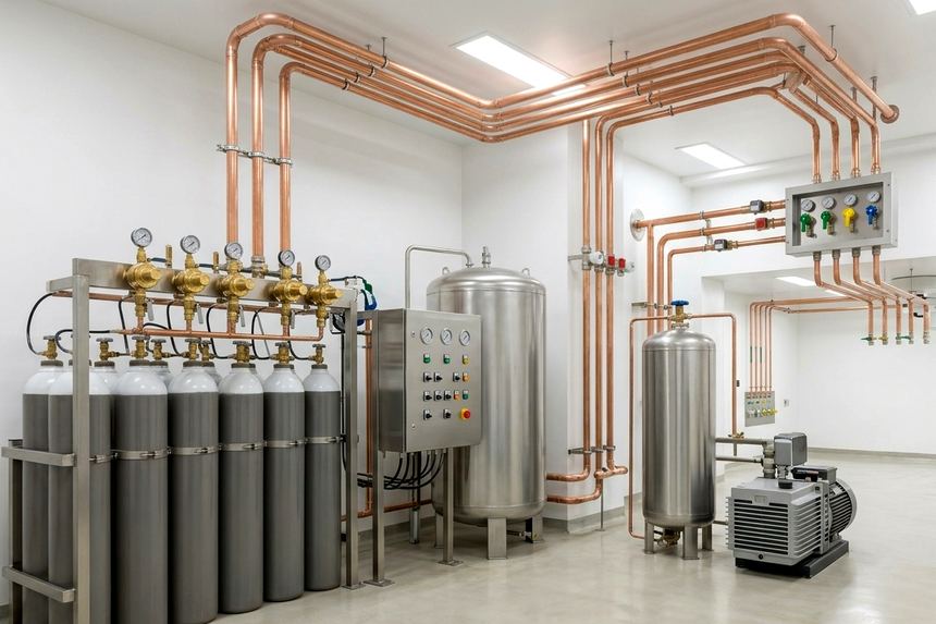 Central de suministro de gases medicinales: manifold de cilindros con reguladores, tablero de control, tanques y bomba de vacío