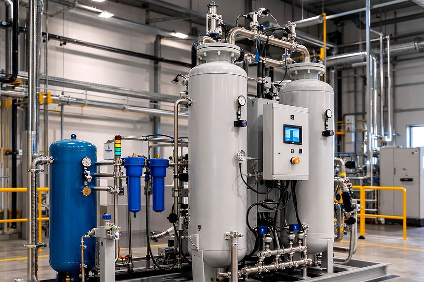 Planta de generación de gas por adsorción (PSA) con torres de tamiz molecular, tanque pulmón, filtración y panel de control